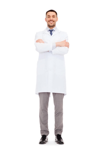 healthcare, profession and medicine concept - smiling male doctor in white coat over white background