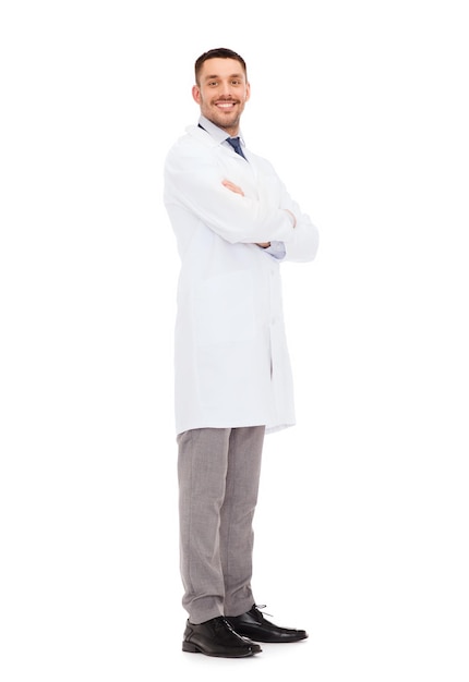 healthcare, profession and medicine concept - smiling male doctor in white coat over white background