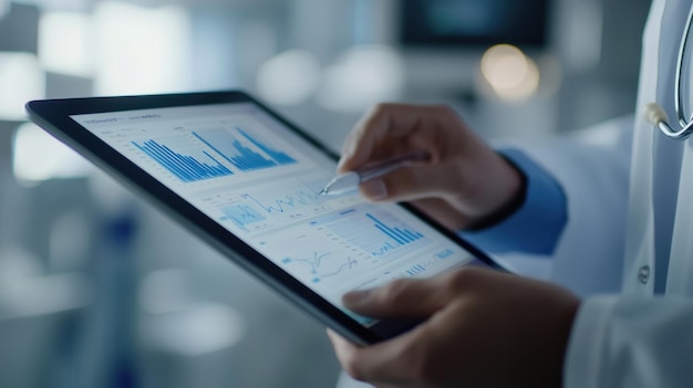 Photo a healthcare professional analyzes data on a tablet showcasing graphs and statistics