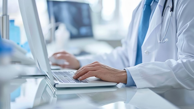 Photo a healthcare professional conducting a telemedicine consultation using a computer and webcam