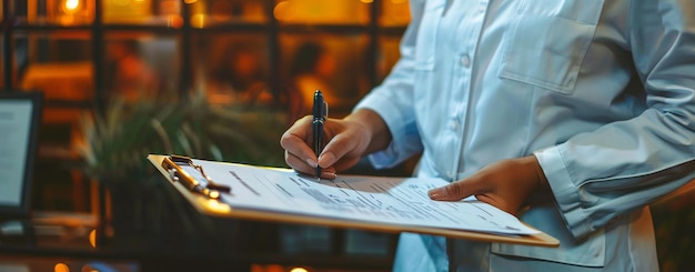 Healthcare professional filling out paperwork on a clipboard