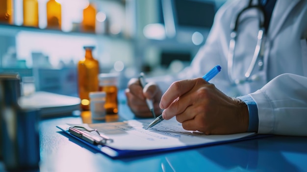 Healthcare professional is writing on a clipboard with a pen with a focus on their hand a stethoscope around the neck and a pill bottle in the foreground