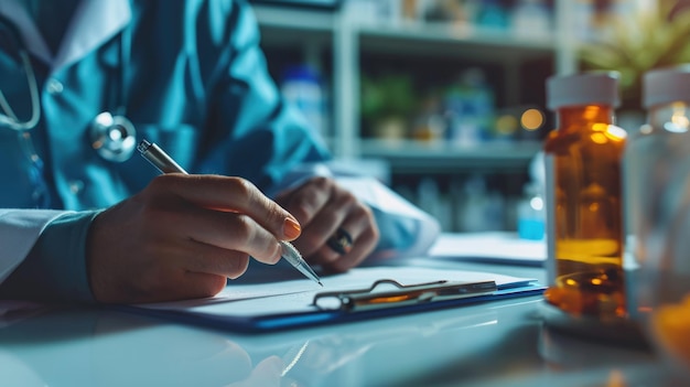 Healthcare professional is writing on a clipboard with a pen with a focus on their hand a stethoscope around the neck and a pill bottle in the foreground