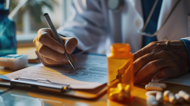 Healthcare professional is writing on a clipboard with a pen with a focus on their hand a stethoscope around the neck and a pill bottle in the foreground