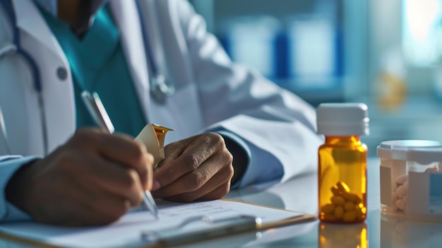 Healthcare professional is writing on a clipboard with a pen with a focus on their hand a stethoscope around the neck and a pill bottle in the foreground