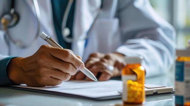 Healthcare professional is writing on a clipboard with a pen with a focus on their hand a stethoscope around the neck and a pill bottle in the foreground