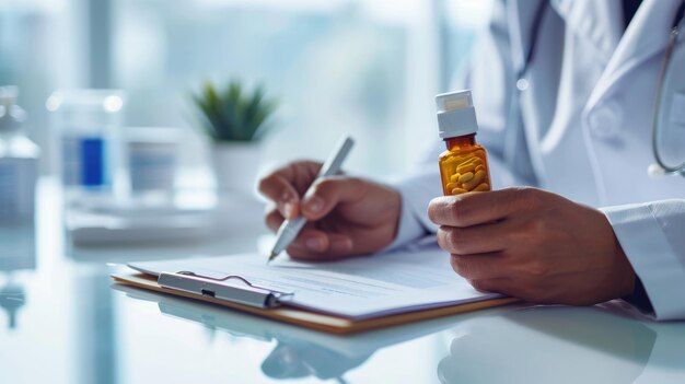 Healthcare professional is writing on a clipboard with a pen with a focus on their hand a stethoscope around the neck and a pill bottle in the foreground