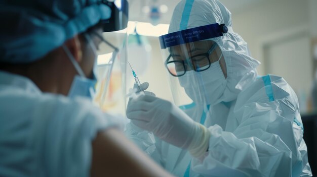 Photo healthcare professional in protective gear administering a vaccine injection to a patient