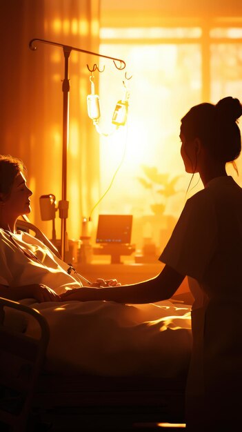 A healthcare professional provides comfort and care to a patient in a warm soothing hospital environment during sunset