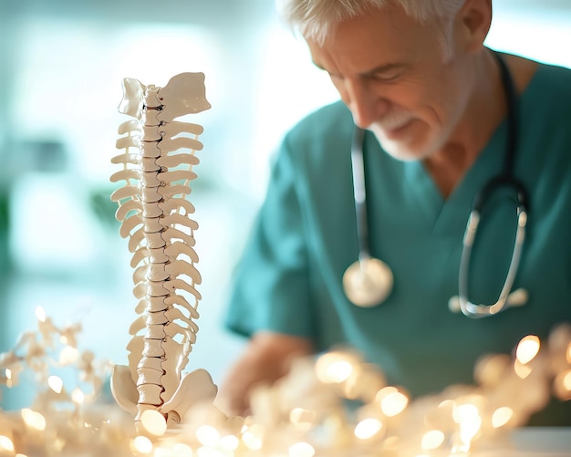 Photo a healthcare professional showing a patient a model of the spine