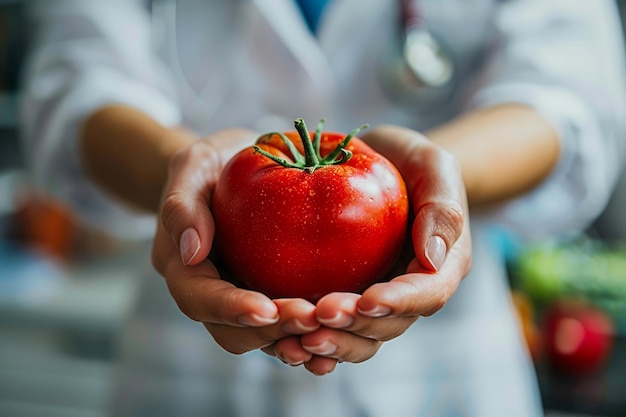 Healthcare Professional in White Coat Holding Fresh Red Tomato Symbolizing Healthy Eating and