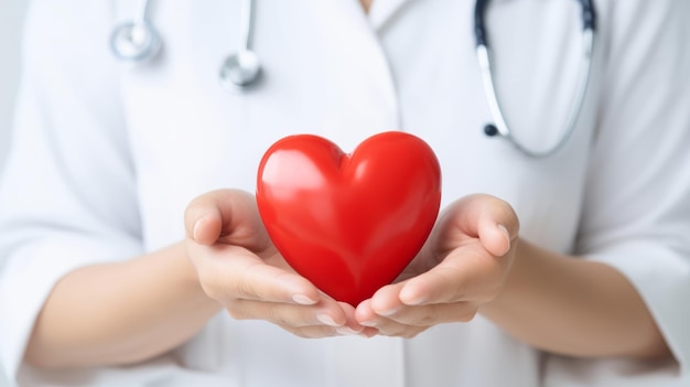 A healthcare professional in a white coat holding a red heart symbolizing care and compassion