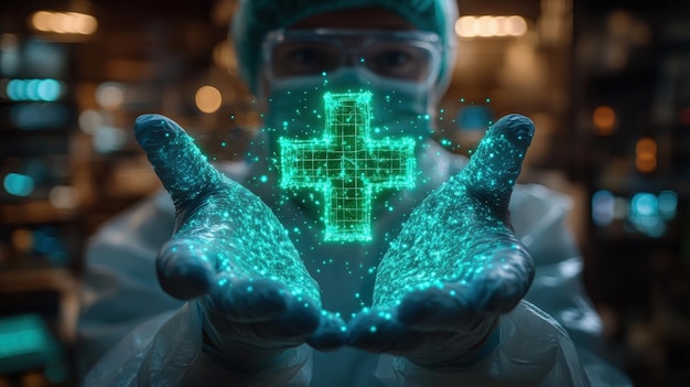 Photo a healthcare professional with a glowing digital cross in their hands