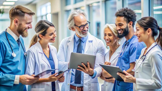 Photo healthcare professionals collaborating in a hospital environment for improved patient