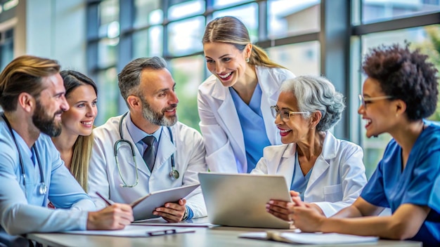 Photo healthcare professionals collaborating in a hospital setting for enhanced patient care