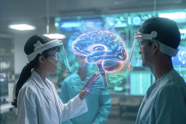 Healthcare professionals examining brain with hologram technology and intelligence software