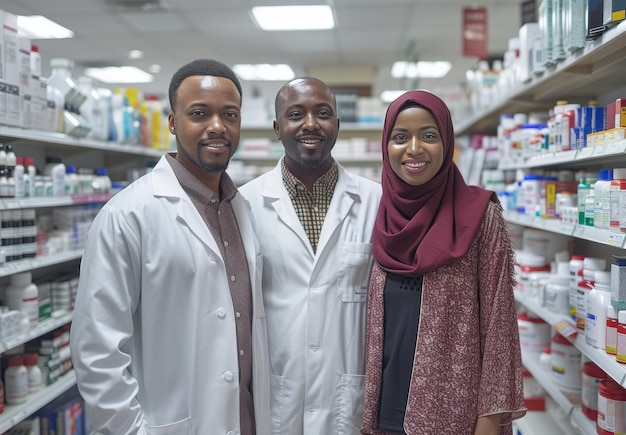 Healthcare professionals standing together in a pharmacy surrounded by medication and health products