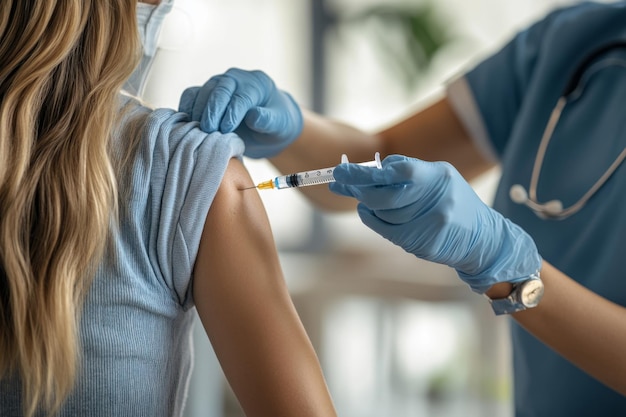 Photo a healthcare provider in gloves carefully injects a vaccine into the arm of a patient wearing a yellow shirt the setting is a busy medical facility