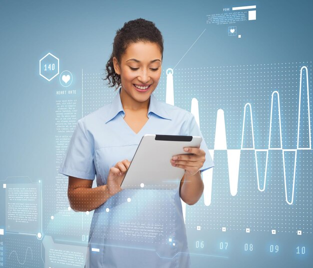 healthcare, technology and medicine concept - smiling female african american doctor or nurse with tablet pc computer