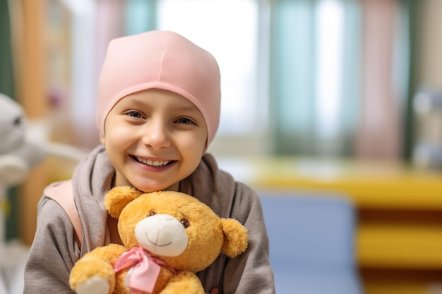 Healthcare teddy bear and child cancer patient holding her toy for support or comfort Medical recovery and girl kid with leukemia standing after treatment or chemotherapy in a medicare hospital