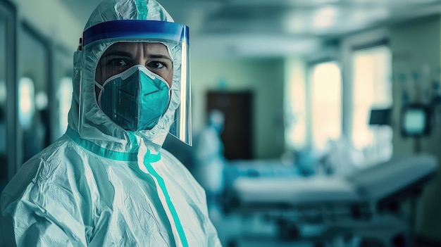 Photo healthcare worker in full ppe focused and ready to assist patients