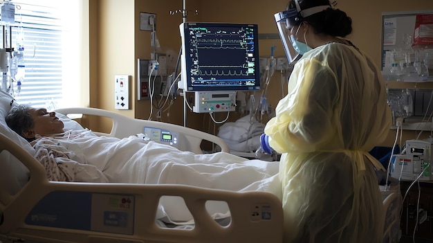 Photo a healthcare worker in full protective gear stands next to a patient lying in a hospital bed