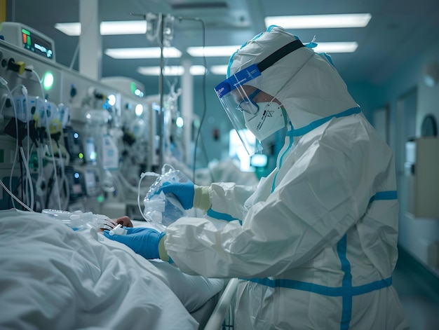 Photo healthcare worker in protective gear tending to a patient in an intensive care unit during hospital