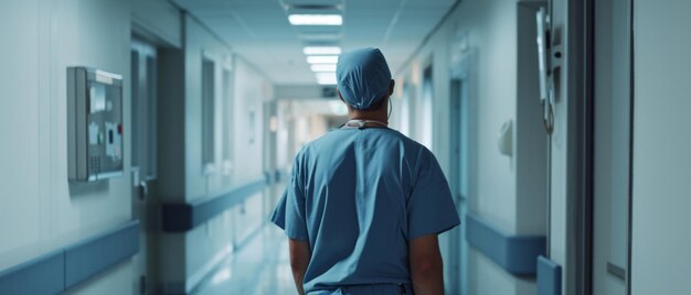 A healthcare worker in scrubs stands in a hospital corridor embodying quiet strength