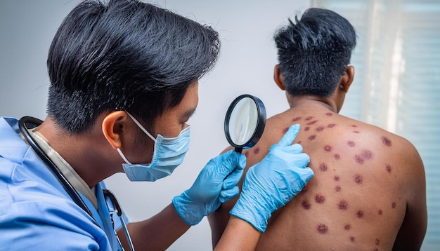 A healthcare worker wearing gloves and a mask carefully examining a patients monkeypox rash