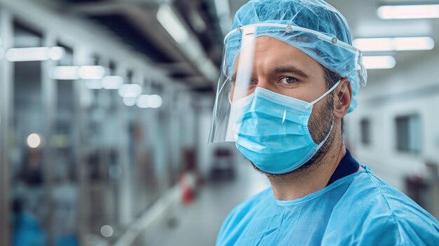 Photo a healthcare worker wearing protective equipment stands ready in a hospital emphasizing safety and readiness in a sterile environment