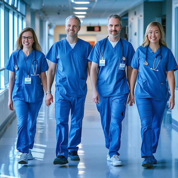 Photo healthcare workers in blue scrubs with positive attitudes friendly professional