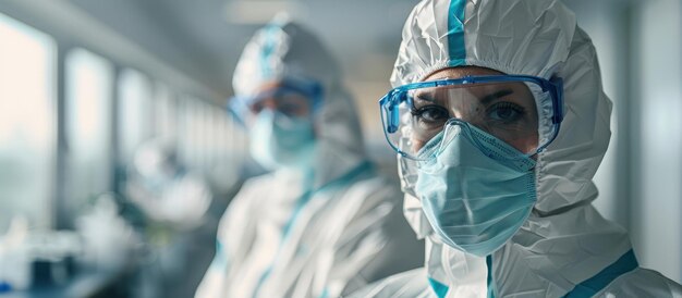 Photo healthcare workers in full protective gear in a hospital corridor during pandemic