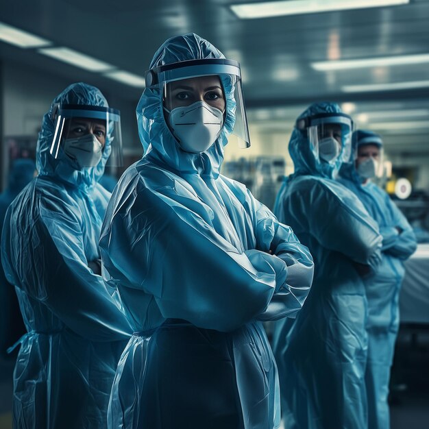 Photo healthcare workers in full protective gear standing together with determined expressions