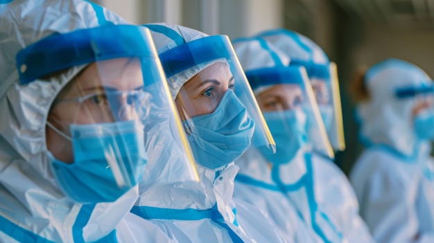 Photo healthcare workers in protective gear stand united ready to face a global crisis