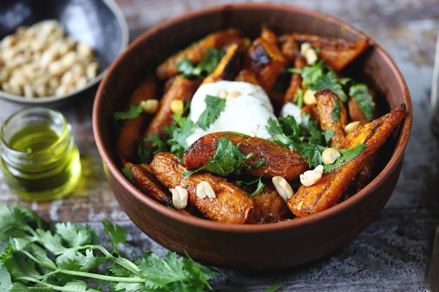 Healthly food Vegetarian lunch Baked carrot bowl