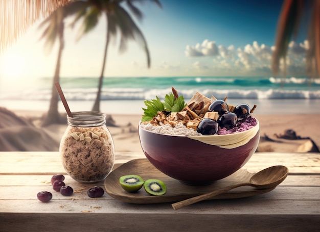 Healthy acai bowl with beach background