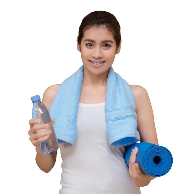 Healthy asian woman ready to exercising isolated with clipping path on white background