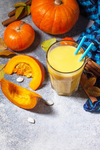 Healthy Autumn pumpkin smoothie with cinnamon in glass on a stone countertop Copy space