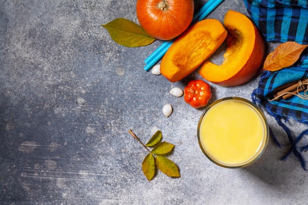 Healthy Autumn pumpkin smoothie with cinnamon in glass on a stone countertop Top view