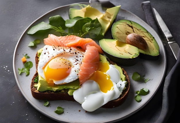 Healthy avocado egg salmon breakfast on black bread gourmet morning meal