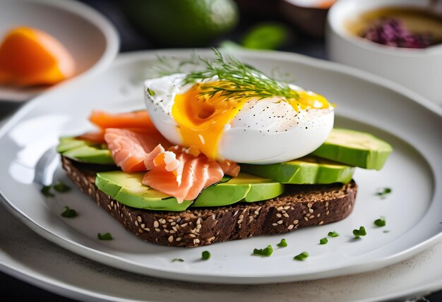 Healthy avocado egg salmon breakfast on black bread gourmet morning meal