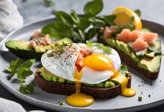 Healthy avocado egg salmon breakfast on black bread gourmet morning meal