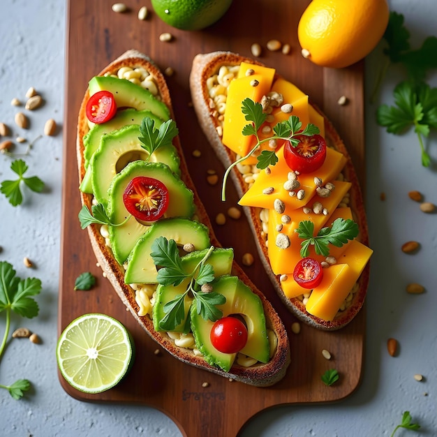 Photo healthy avocado and mango toast with fresh ingredients