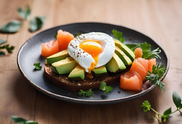 Healthy avocado poached egg and salmon breakfast on black bread