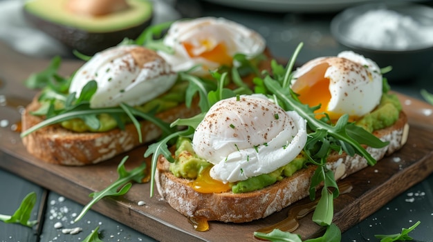 Healthy avocado toast with poached eggs