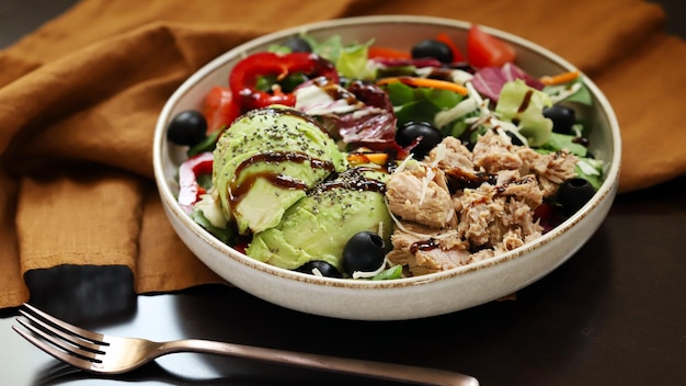 Healthy beautiful salad with tuna and avocado Diet food Keto salad