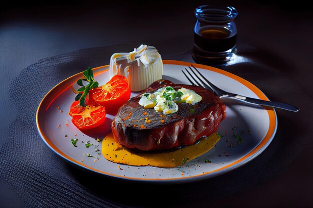 Healthy Beef Steak with Butter and Baked tomato