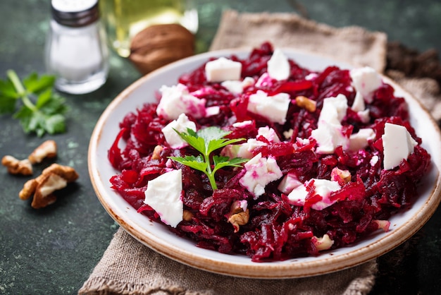 Healthy beetroot salad with feta and walnuts