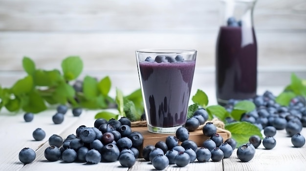 Healthy blueberry juice with some blueberries on a white wooden table