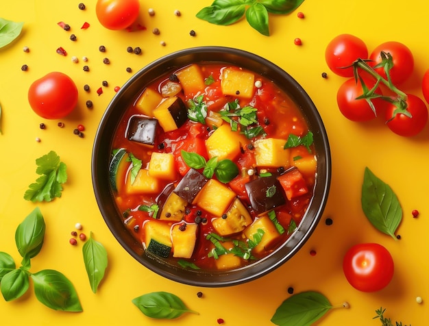 Healthy and Bold Flat Lay of Spanish Pisto with Summer Vegetables